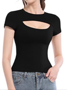 Central Park West Black Short Sleeve Top with Front Cutout